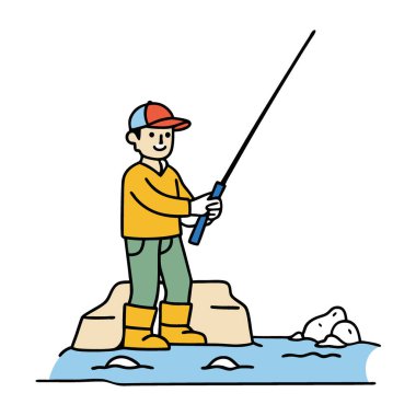Kayalık kıyılarda bir balıkçı duruyor. Elinde olta kamışı var. Günün avı için hazır olun. Bu büyüleyici sahne açık havada balık tutmanın güzelliğini gösteriyor. - Evet. Yapay zeka üretildi. Vektör simgesi