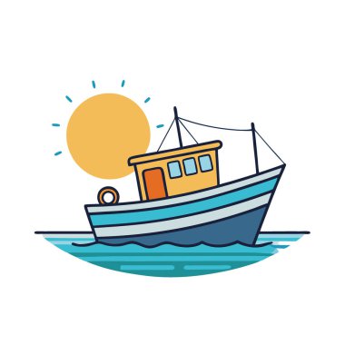 Titrek sularda yüzen küçük bir balıkçı teknesi. Güneş ışığından canlı renkler yansıtıyor. Huzurlu sahne, doğanın güzelliğini ve okyanusun sükunetini yakalar. Yapay zeka üretildi. Vektör simgesi