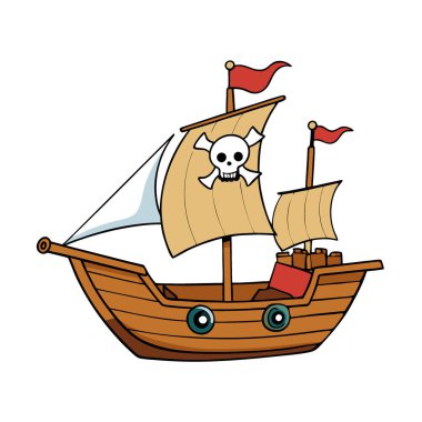 Beyaz arka planda izole edilmiş klasik ahşap yelkenli seti. Renkli yelkenli bir deniz gemisi. Kafatası olan korsan gemisi. Corsair Cutlass güvertede. Macera oyun gemisi yapay zeka üretti. Vektör simgesi