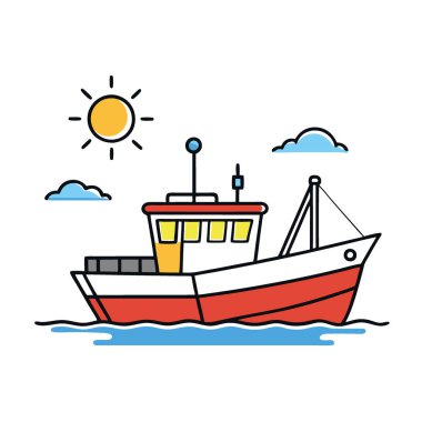 Güneşli bir günde sakin sularda yüzen balıkçı teknesinin özelleştirilebilir yarı düz bir çizimi. Trol balıkçılığı için yapay zekanın oluşturduğu yarı düz çizim. Vektör simgesi