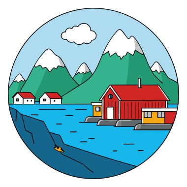 Norveç denizi ve kızıl evlerinin yanı sıra Sakriya balıkçı köyünün göz kamaştırıcı panoramik manzarası. Uzakta Lofoten Adaları var. Al 'in ürettiği popüler bir turizm merkezi. Vektör simgesi