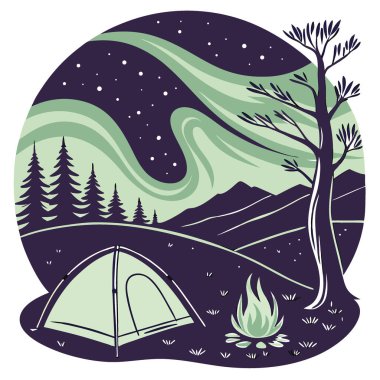 Geceleri çadırda kamp yapmak ve göz kamaştırıcı Aurora ışığıyla yapay zeka üretmek. Vektör simgesi