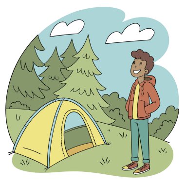 Çadırının önünde duran gülümseyen genç bir adamın portresi. Yapay zeka üretildi. Vektör simgesi