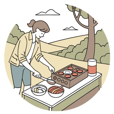 Dışarıda yemek hazırlıyorum. Yapay zekanın ürettiği metal gaz ocağında piknik yapmak ya da kameralar. Vektör simgesi