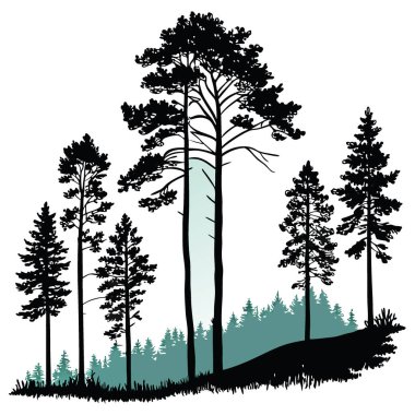 Bir sıra çam ağacı, suluboya arka planlı siyah siluet. Yapay zeka üretildi. Vektör simgesi