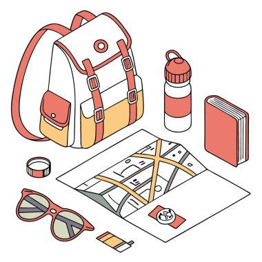 Seyahat çantası. Sırt çantası ve turizm vitesleri. Eşyalar. Harita. Yapay zeka üretildi. Vektör simgesi