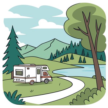 Karavan Olay Yeri 'ne park edilmiş. Doğa ve Macera 'yı kucaklamak. Yapay zeka üretildi. Vektör simgesi