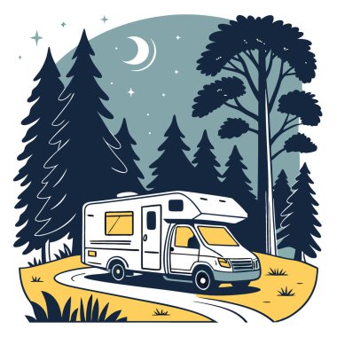 Geceleri karavanın güzel manzarası. Yaz kampı... yapay zeka üretildi. Vektör simgesi
