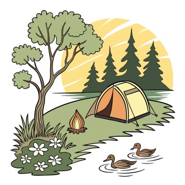 Gün batımında kamp alanı, kamp ateşi ve kamp ateşiyle yapay zeka oluşturuldu. Vektör simgesi
