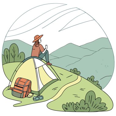 Dağdaki çadırın dışında nefes kesici manzarası olan bir yürüyüşçü. Yapay zeka üretildi. Vektör simgesi