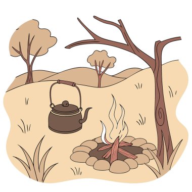 Telif uzayı ile taşrada ateşin üzerinde kaynayan su ısıtıcısı. Yapay zeka üretildi. Vektör simgesi