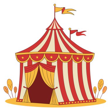 Kırmızı ve altın renkli bir sirk çadırı. Sahne arkası. Yapay zeka üretildi. Vektör simgesi