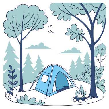 Açık gökyüzünün altında, sakin bir ormanda kamp kuran mavi çadır. Yapay zeka üretildi. Vektör simgesi