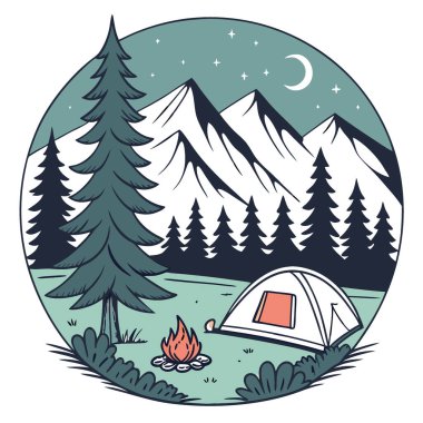 Banff Ulusal Parkı 'nda yıldızların altında kamp yapmak. Yapay zeka üretildi. Vektör simgesi