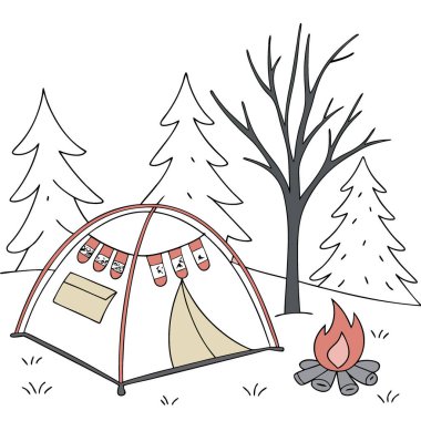 Çadırda şenlikli çorapların asılı olduğu samimi kış kamp sahnesi. Yapay zeka üretildi. Vektör simgesi