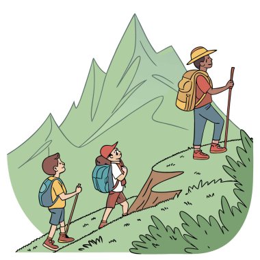 Aktif genç çocuklar. Dağlarda yürüyüş yapan gençler. Yaz kampı. Yapay zeka üretildi. Vektör simgesi