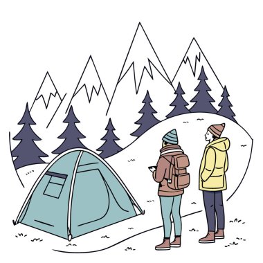 Kışın dağlarda kamp yapmak. Yapay zekanın oluşturduğu çadırın yanında turistler duruyor. Vektör simgesi
