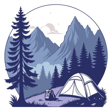 Huzurlu dağ kamp sahnesi. Şafak, rahat bir çadırı aydınlatıyor. Yapay zeka üretildi. Vektör simgesi
