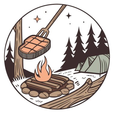 Et parçası bbq pişirme kızartması kamp ateşi duvar kağıdı arka planında. Yapay zeka üretildi. Vektör simgesi