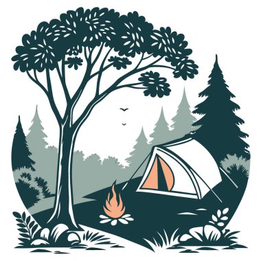 Ormanlık alanda bir çadır ve kamp ateşi. Açık hava maceraları için ideal. Yapay zeka üretildi. Vektör simgesi