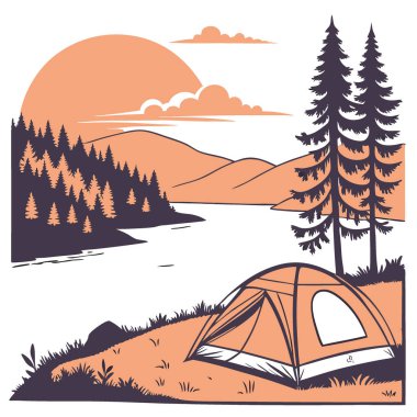 Sakin bir gölün yanında turuncu çadır, ormanlık tepelerin arasında güneş batıyor. Yapay zeka üretildi. Vektör simgesi