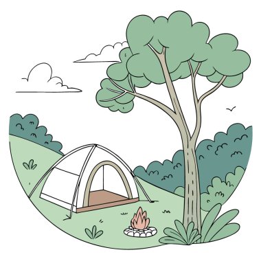 Gündüz güzel manzaralı bir çadır. Güneş ışığı var. Yapay zeka üretildi. Vektör simgesi