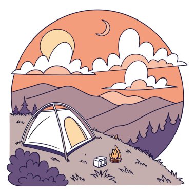 Dağların tepesinde sakin bir çadır. Gün batımında yıkanmış. Altında bulutlar var. Yapay zeka üretildi. Vektör simgesi