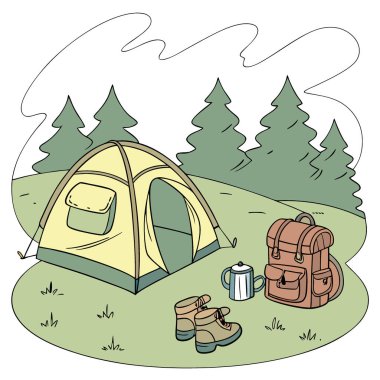 Açık havada yürüyüş ve kamp malzemeleriyle macera malzemeleri. Yapay zeka üretildi. Vektör simgesi