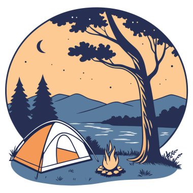 Parlayan bir çadır ve alacakaranlıkta kamp ateşi olan bir gölde kamp sahnesi yapay zeka oluşturuldu. Vektör simgesi