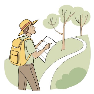 Hasır şapkalı ve sarı sırt çantalı bir adam haritaya bakıyor. Yapay zeka üretildi. Vektör simgesi