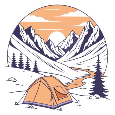Karda turuncu çadır, arkasında dağlar ve günbatımı var. Yapay zeka üretildi. Vektör simgesi