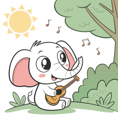 Gitarı gün ışığı ormanında dinlenen sevimli bir bebek fil. Yapay zeka üretildi. Vektör simgesi