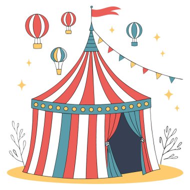 Renkli sirk çadırı, ampul dekorasyonu Sirk ve eğlence teması. Yapay zeka üretildi. Vektör simgesi