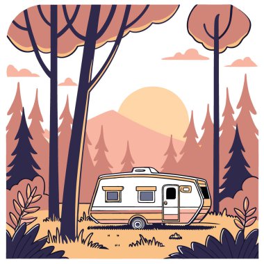 Alacakaranlık Keyfi. Sunset 'teki Fransız Ormanı Mobil Ev' i sarmış. - Evet. Yapay zeka üretildi. Vektör simgesi