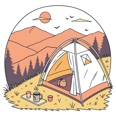Yaz, gün doğumunda dağlardaki turist çadırından kamp manzarasında. Yapay zeka üretildi. Vektör simgesi