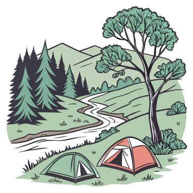 Orman nehrinin yanında kamp çadırları vardı. Manzaralı bir fon öneriyor. Yapay zeka üretildi. Vektör simgesi