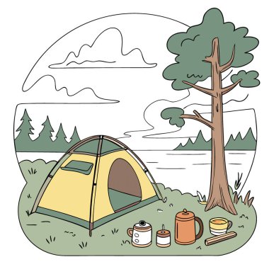 Kamp malzemeleri dişli gibi. Göl kenarındaki tencere ve çadır. Yapay zeka üretildi. Vektör simgesi