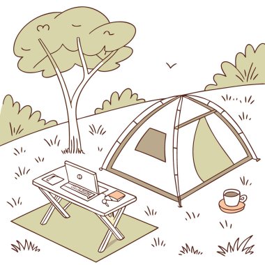 Yaz tatilinde kamp çadırının yanında açık masa üstü iş bürosu Al tarafından oluşturuldu. Vektör simgesi