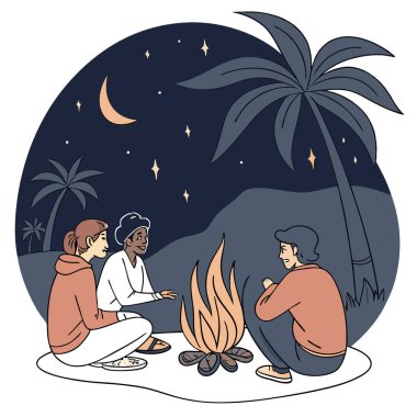 İnsanlar arka planda kıvılcımlar saçan bir plaj ateşinin etrafında toplandılar. Yapay zeka üretildi. Vektör simgesi