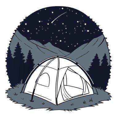 Arka planda Samanyolu 'nun oluşturduğu yapay zekayla içeriden aydınlatılmış bir çadır. Vektör simgesi