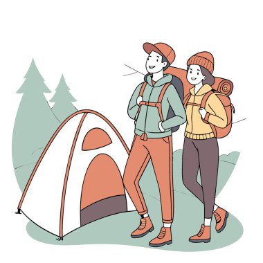 Çadırın önünde poz veren genç bir çift. Erkek ve dişi dağcılar. - Evet. Yapay zeka üretildi. Vektör simgesi