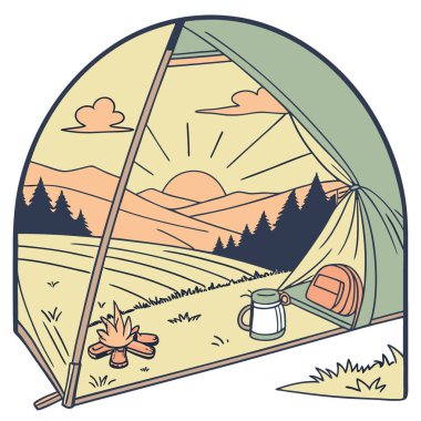 Sersemletici Gündoğumu manzaralı, çadırın açık kapağından geçen rahat bir kamp alanı. Yapay zeka üretildi. Vektör simgesi