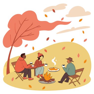 Sıcak çay ve kamp ateşi kokan açık havada sonbahar barbeküsü. Yapay zeka üretildi. Vektör simgesi