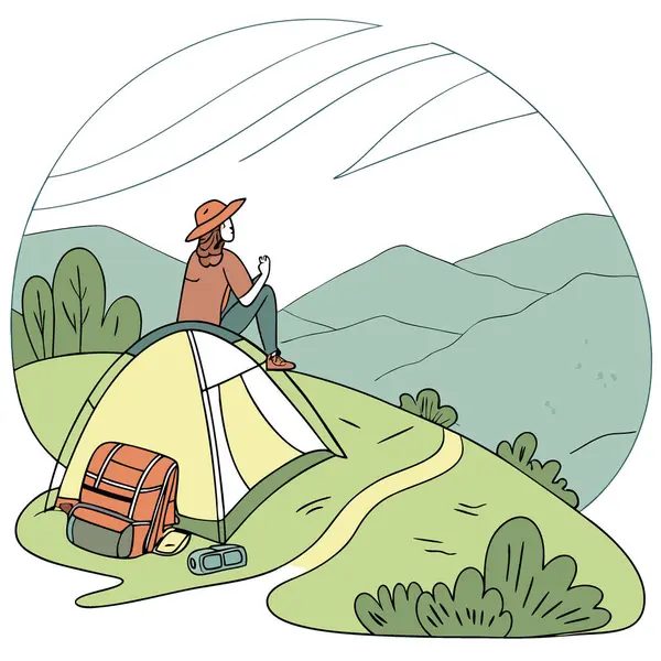 Dağdaki çadırın dışında nefes kesici manzarası olan bir yürüyüşçü. Yapay zeka üretildi. Vektör simgesi