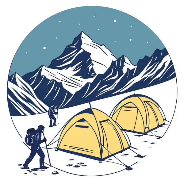 Yükseklik macerası. Everest 'teki ana kampta aydınlatılmış çadırlar. Yapay zeka üretildi. Vektör simgesi