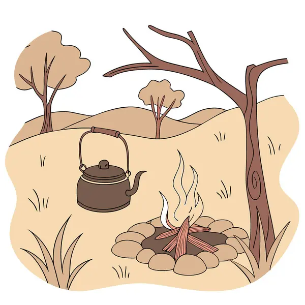 Telif uzayı ile taşrada ateşin üzerinde kaynayan su ısıtıcısı. Yapay zeka üretildi. Vektör simgesi