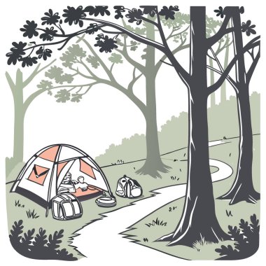 Uzun orman ağaçlarının altında kamp çadırları kurulmuş. Huzurlu bir sahne yaratmak. Yapay zeka üretildi. Vektör simgesi