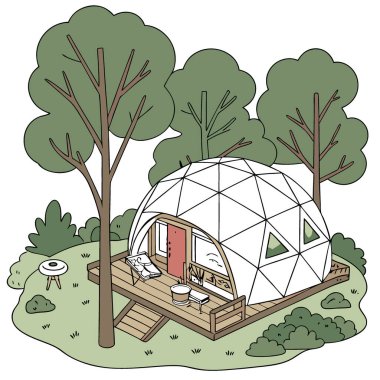 Ormandaki Kubbe Çadırı. Modern Beyaz Glamping Kamp Deneyimi. Yapay zeka üretildi. Vektör simgesi