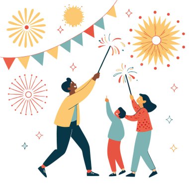 Yapay zekanın oluşturduğu bayram kutlaması partisinde insanlar havai fişeklerle oynuyor. Vektör simgesi