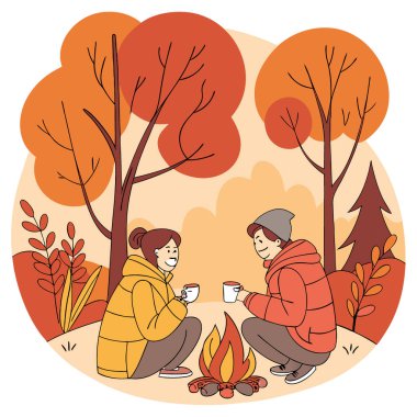 Genç bir çift sonbahar ormanında kamp yapıyor. Şenlik ateşinin yanında oturuyor ve gülümsüyor. Yapay zeka üretildi. Vektör simgesi